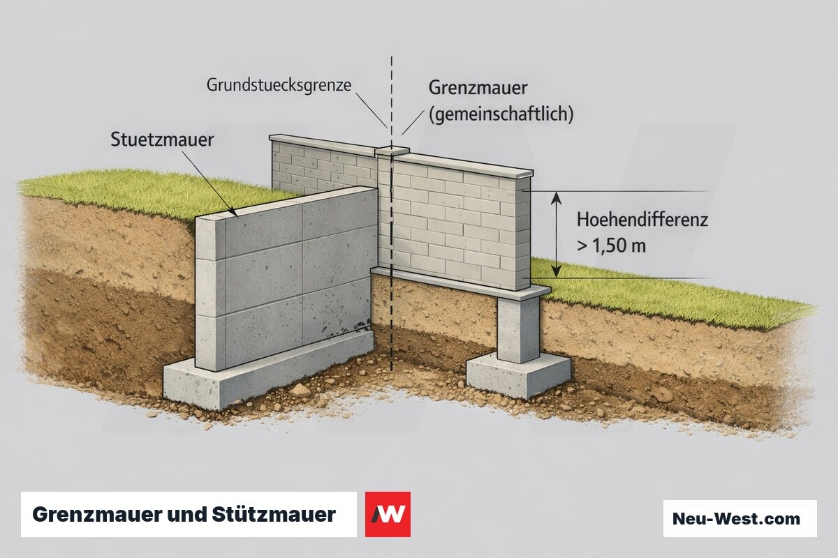 Querschnitt zeigt Grenzmauer auf der Grundstücksgrenze und Stützmauer mit Höhendifferenz über 1,50 m zwischen zwei Grundstücken.