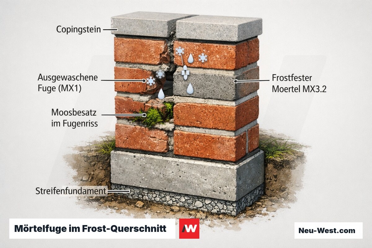 Querschnitt einer Gartenmauer: Vergleich frostfeste Mörtelfuge MX3.2 gegen ausgewaschene MX1-Fuge mit Moosbesatz und Streifenfundament.