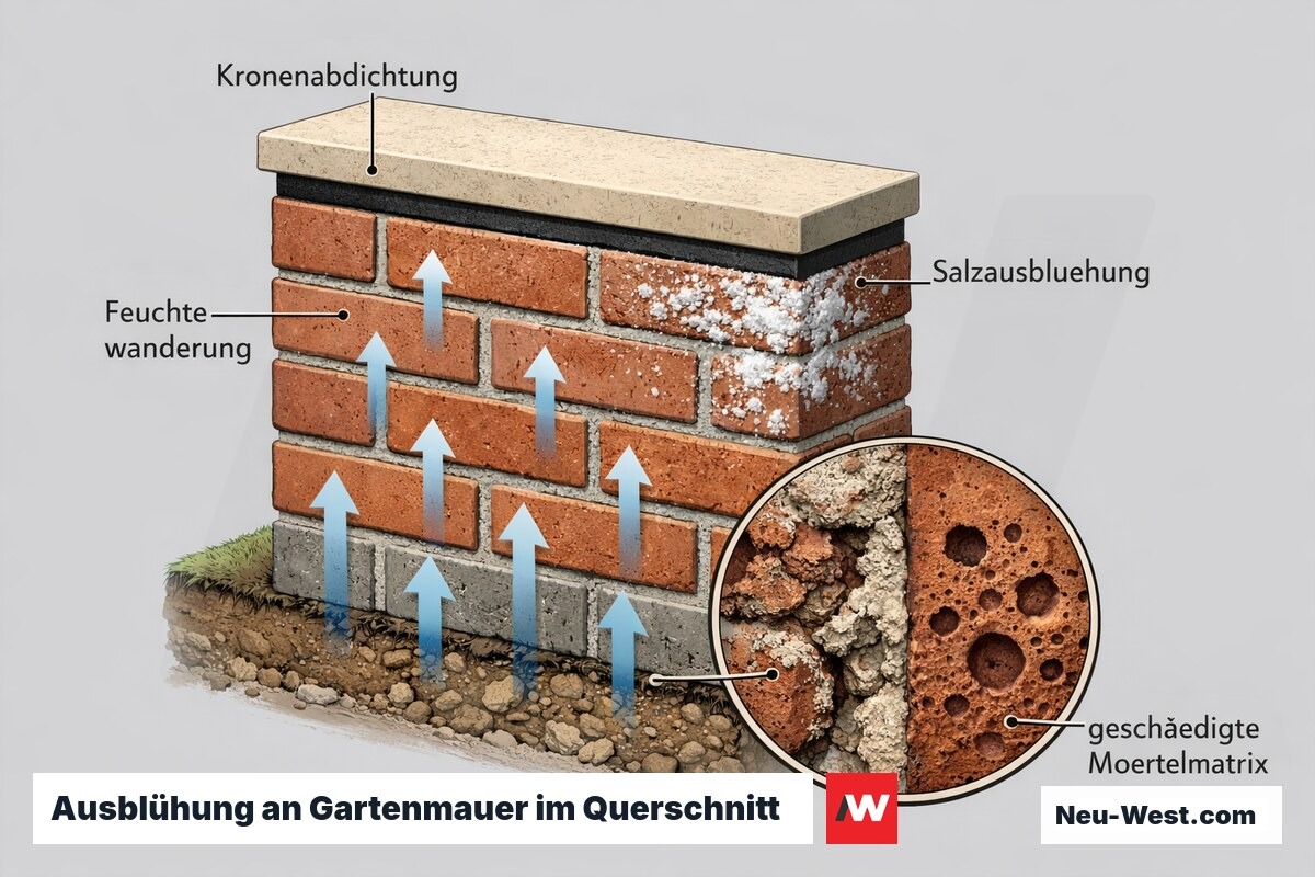 Querschnitt einer Gartenmauer mit Salzausblühung, Feuchtewanderung, Kronenabdichtung und durch Säure geschädigter, poröser Mörtelmatrix.