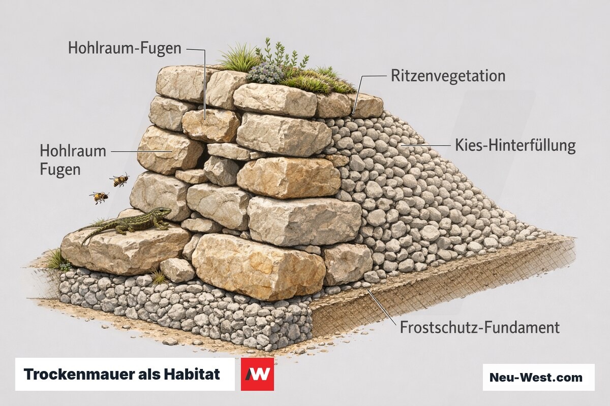 Querschnitt einer Trockenmauer mit Hohlraum-Fugen, Kies-Hinterfüllung, Ritzenvegetation sowie Wildbienen und Mauereidechse als Nisthabitat.