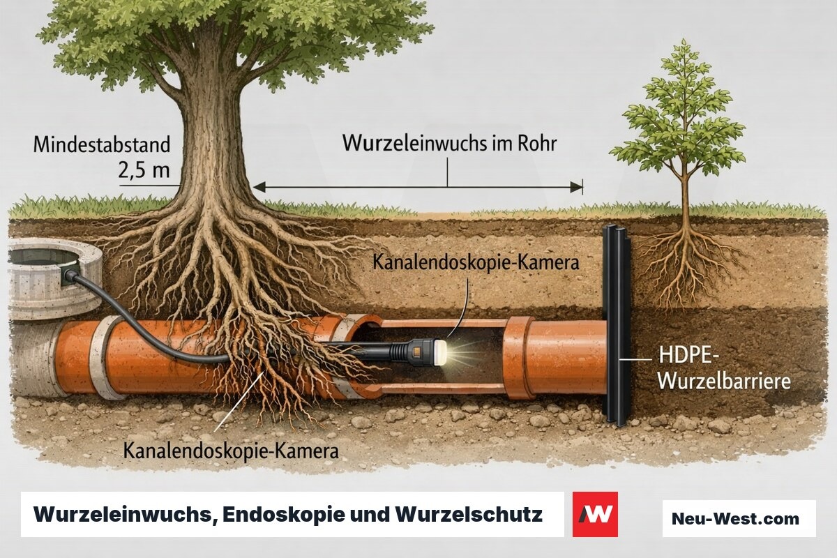 Querschnitt: Baumwurzeln dringen in Abwasserrohr ein, Kanalendoskopie-Kamera, HDPE-Wurzelbarriere und Mindestabstand zur Leitungsachse.