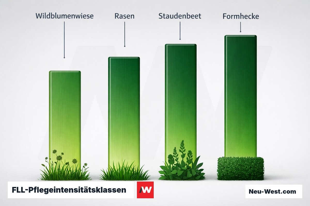 FLL-Pflegeintensitätsklassen: Arbeitsstunden und Kosten je Flächentyp (100 m²/Jahr) – Erklär-Grafik (NEUWEST Berlin)