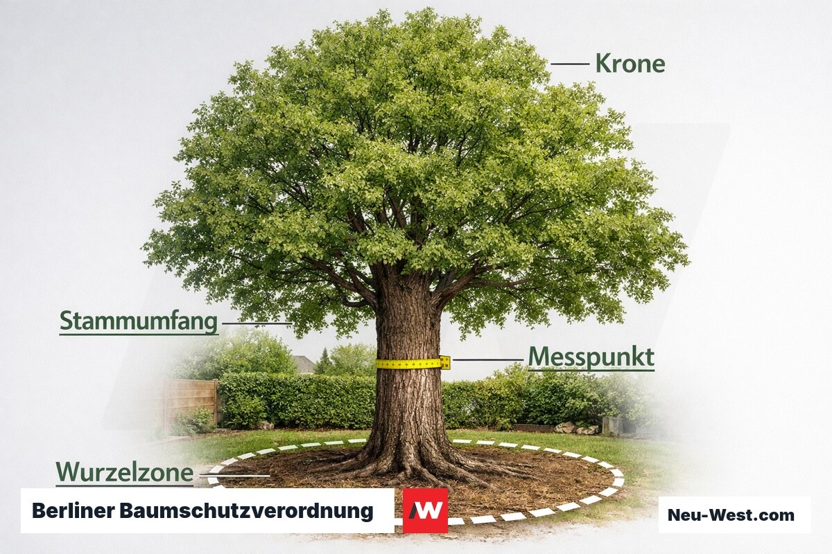 Berliner Baumschutzverordnung: Schutzschwellen, Genehmigungspflicht und Bußgeldrahmen – Erklär-Grafik (NEUWEST Berlin)
