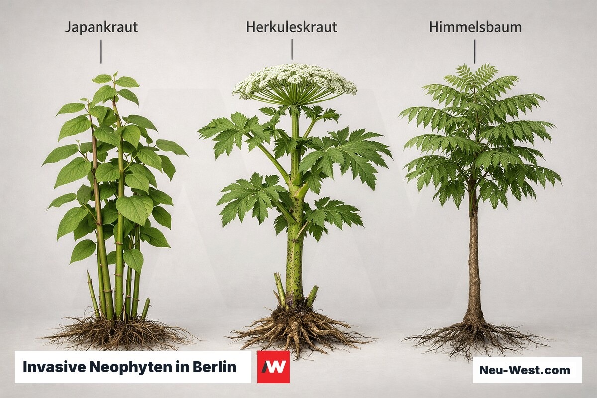 Invasive Neophyten in Berlin: Erkennungsmerkmale, Ausbreitung und Entsorgungsvorgaben – Erklär-Grafik (NEUWEST Berlin)