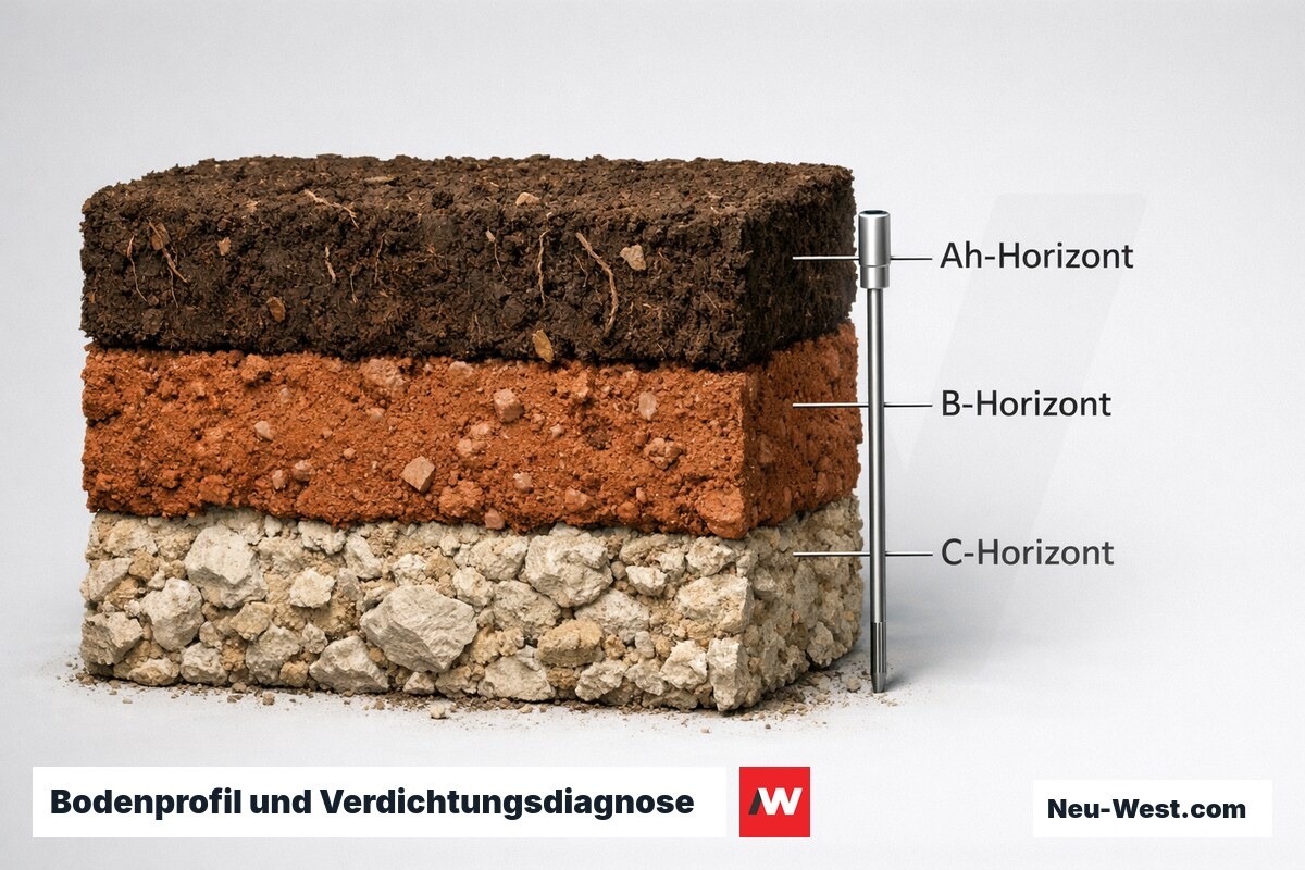 Bodenprofil und Verdichtungsdiagnose: Horizontaufbau und Penetrometer-Grenzwerte nach FLL – Erklär-Grafik (NEUWEST Berlin)