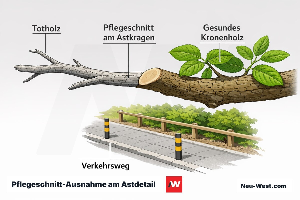 Erklaer-Illustration eines Astdetails: Totholz und Verkehrsweg als zulaessige Ausnahme fuer schonenden Pflegeschnitt nach BNatSchG Paragraf 39