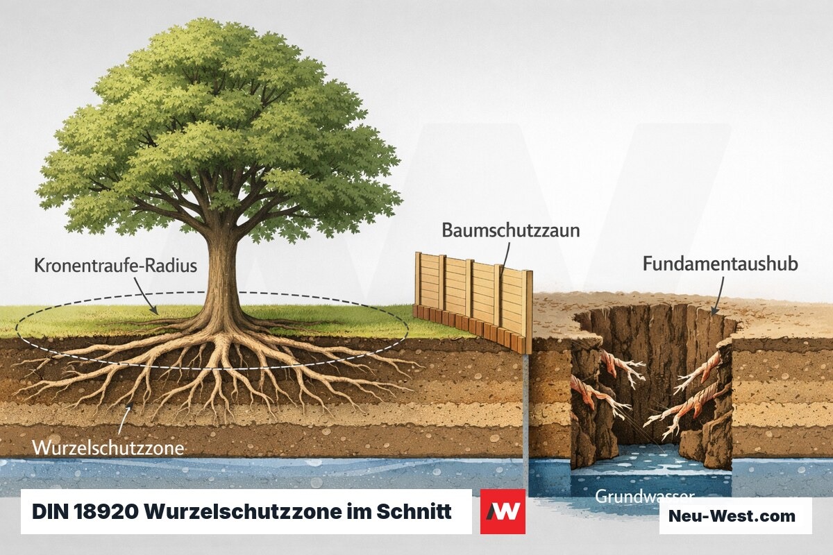 Querschnitt: Baum mit Wurzelschutzzone nach DIN 18920, benachbarter Fundamentaushub durchtrennt Wurzeln trotz Baumschutzzaun an der Kronentraufe.