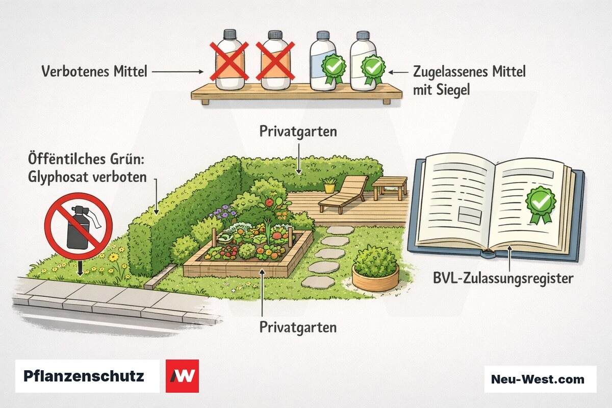 Erklär-Grafik zeigt Glyphosat-Verbot auf öffentlichem Grün, Privatgarten, BVL-Zulassungsregister und zugelassene Pflanzenschutzmittel mit Siegel.