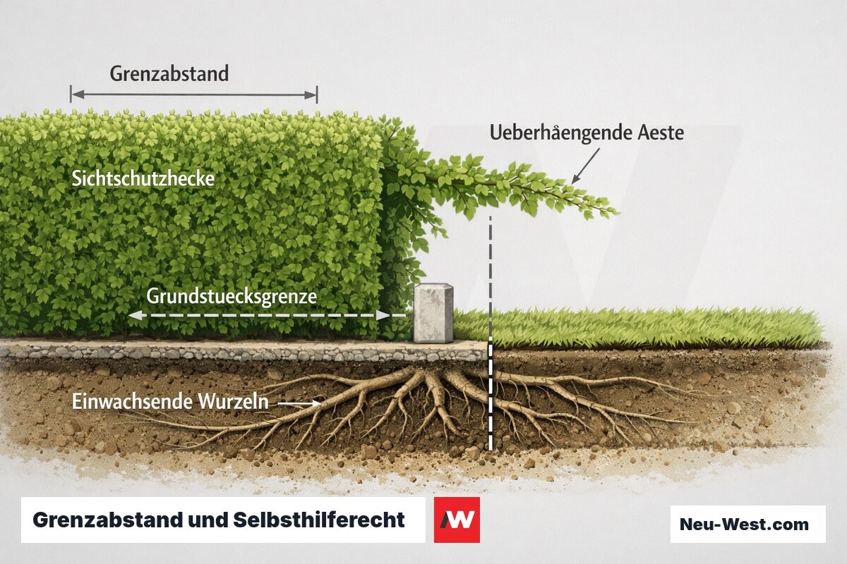Querschnitt einer Grundstücksgrenze mit Sichtschutzhecke, Grenzabstand, überhängenden Ästen und einwachsenden Wurzeln sowie Schnittebene am Grundstücksrand.