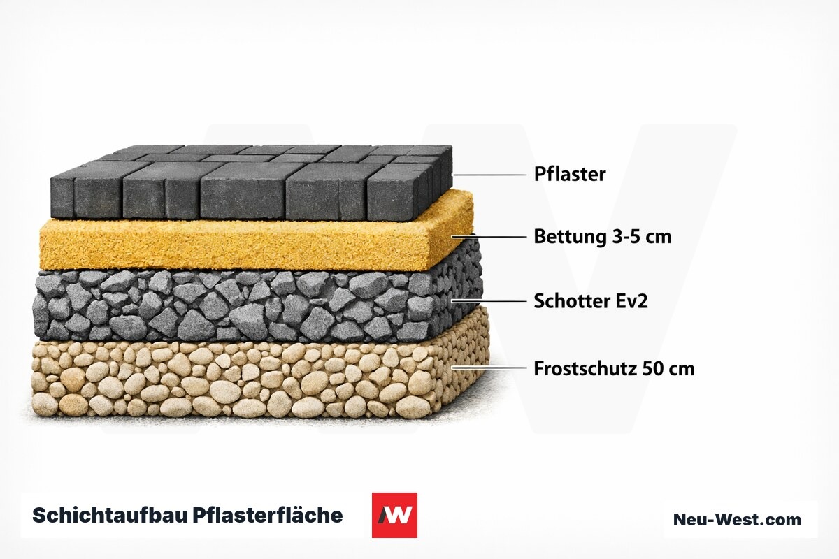 Schichtaufbau Pflasterfläche: Frostfester Querschnitt nach DIN 18318 – Erklär-Grafik (NEUWEST Berlin)