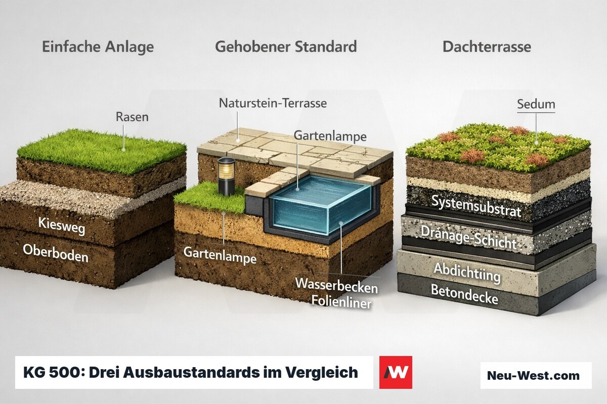 Querschnitt-Vergleich dreier Gartenstandards: einfache Anlage, gehobener Standard mit Naturstein und Wasserbecken, Dachterrasse mit Systemsubstrat und Extensivbegruenung.
