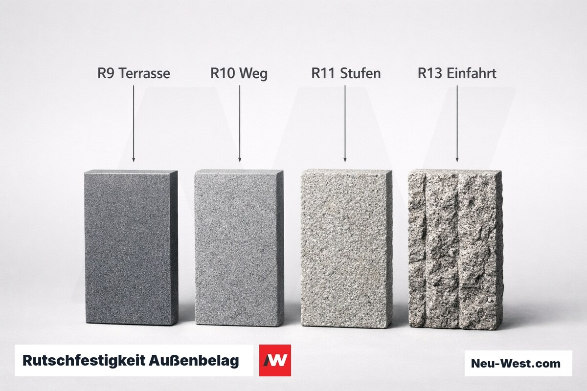 Rutschfestigkeit Außenbelag: Bewertungsgruppen R9–R13 nach DIN 51130 – Erklär-Grafik (NEUWEST Berlin)