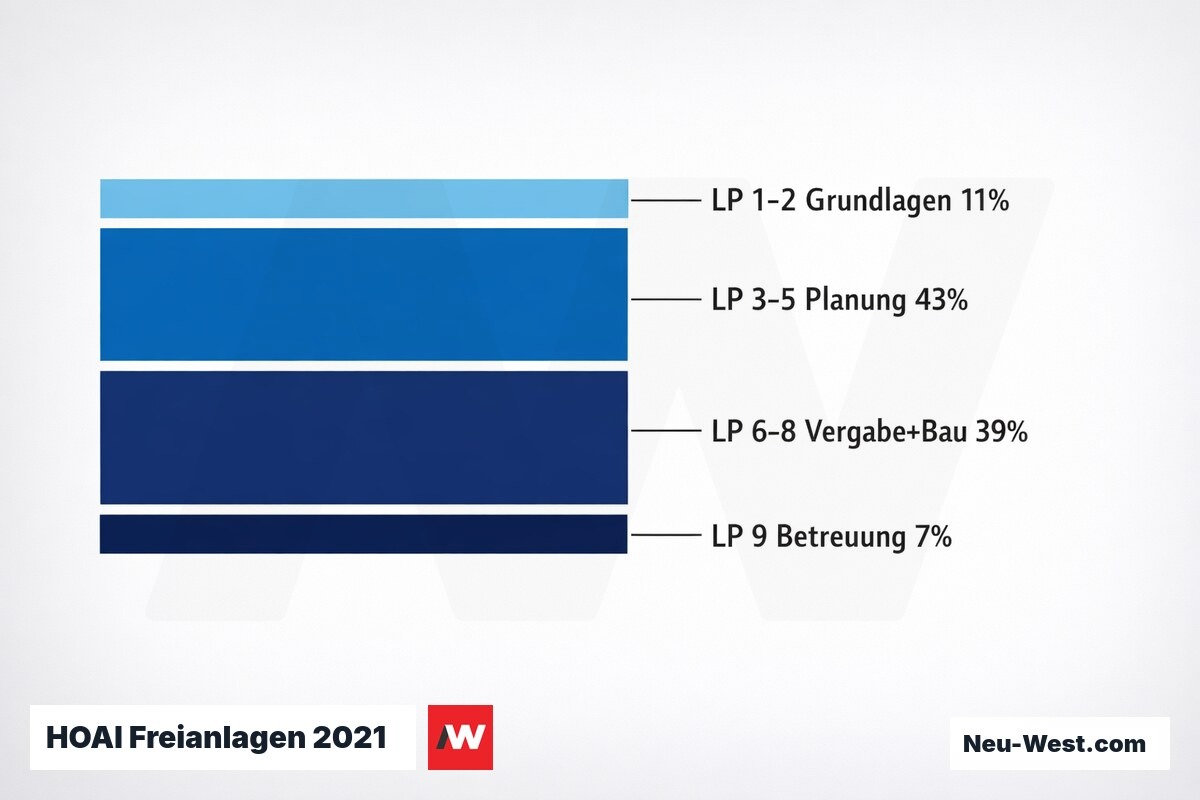 HOAI Freianlagen 2021: Honoraranteil je Leistungsphasen-Gruppe (Anlage 11) – Erklär-Grafik (NEUWEST Berlin)