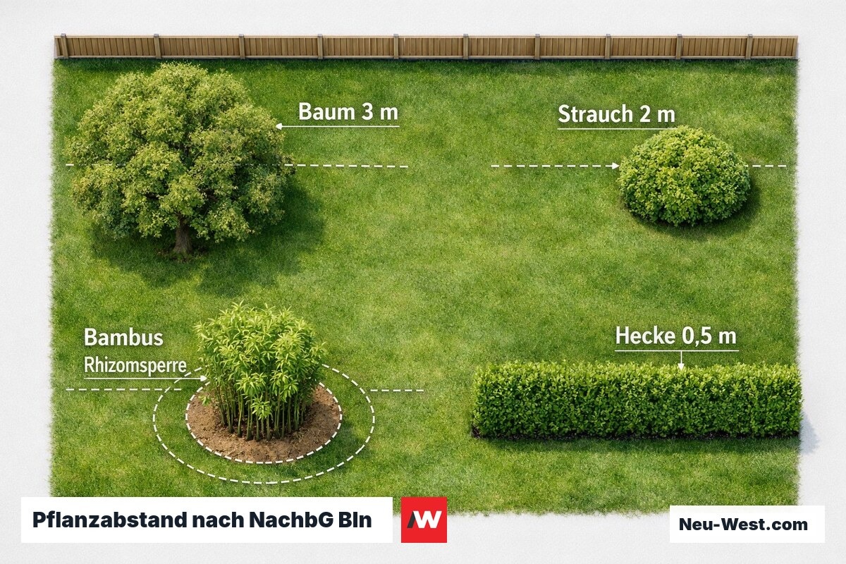 Pflanzabstand nach NachbG Bln: Grenzabstand nach Wuchshöhe – Erklär-Grafik (NEUWEST Berlin)