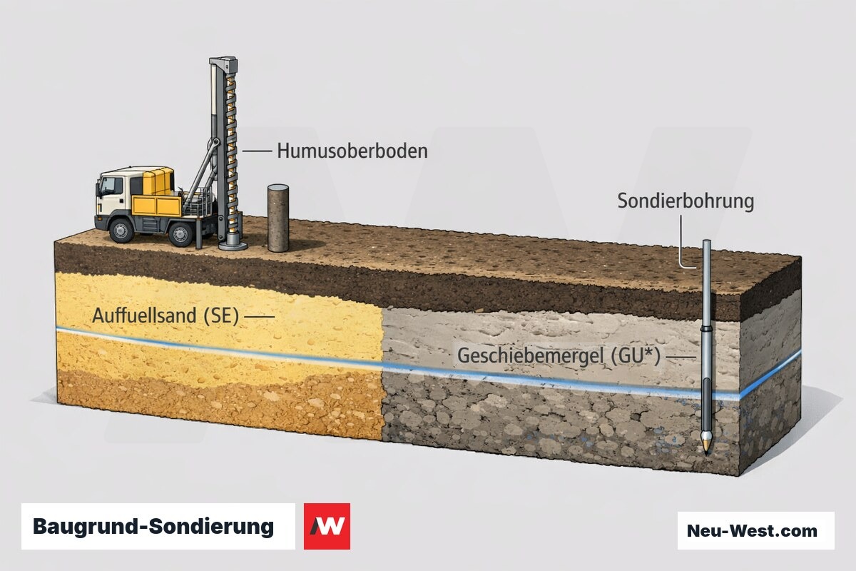 Geotechnischer Bodenquerschnitt mit Sondierbohrung: Humusoberboden über wechselndem Auffüllsand und Geschiebemergel als Planungsgrundlage.