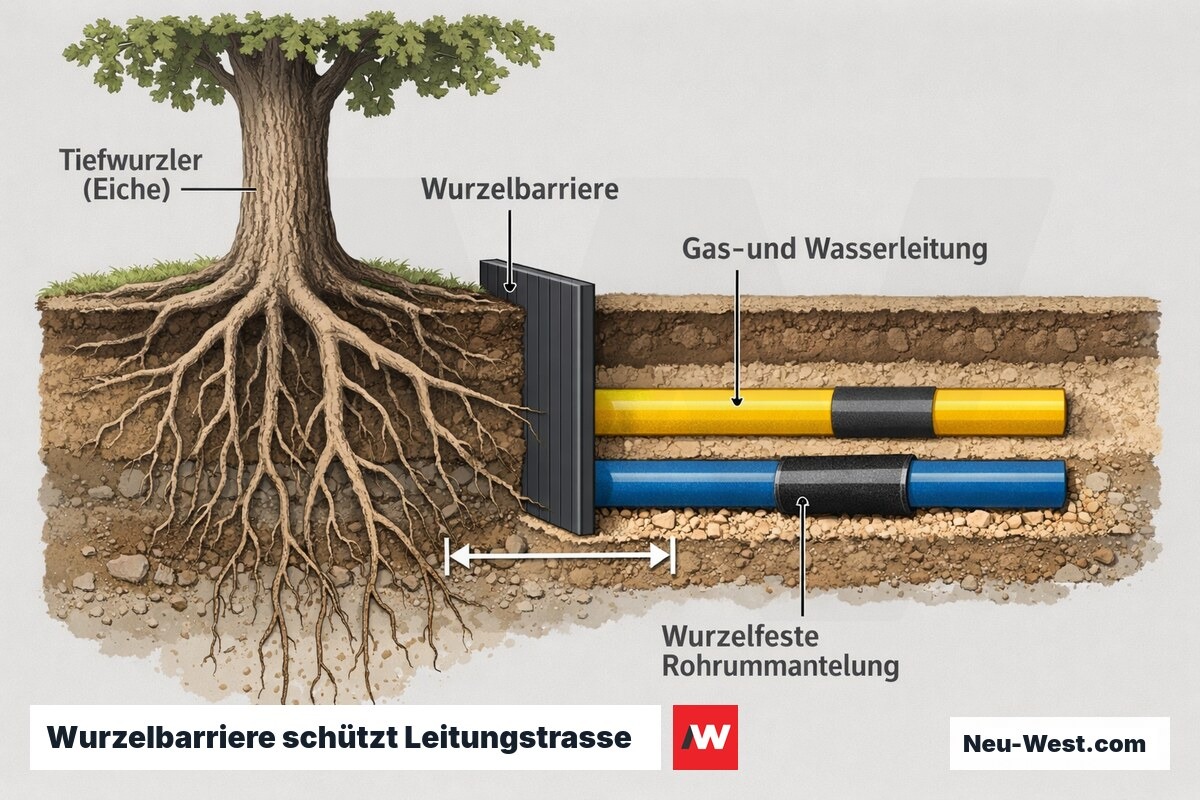 Erklär-Querschnitt: Baum mit Tiefwurzel, vertikale Wurzelbarriere und ummantelte Gas- und Wasserleitung mit Mindestabstand im Erdreich.
