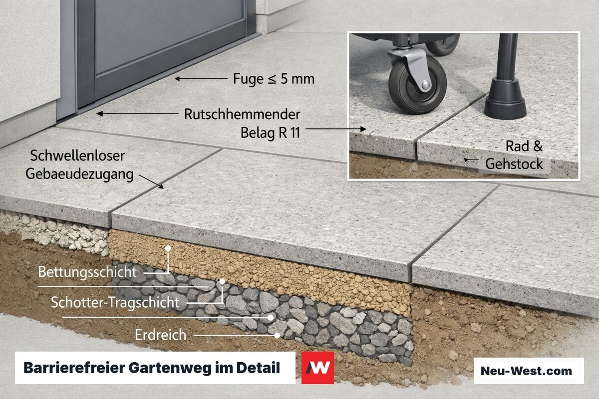 Querschnitt eines barrierefreien Gartenwegs mit enger Fuge unter 5 mm, rutschhemmendem Belag und schwellenlosem Übergang zum Hauseingang.