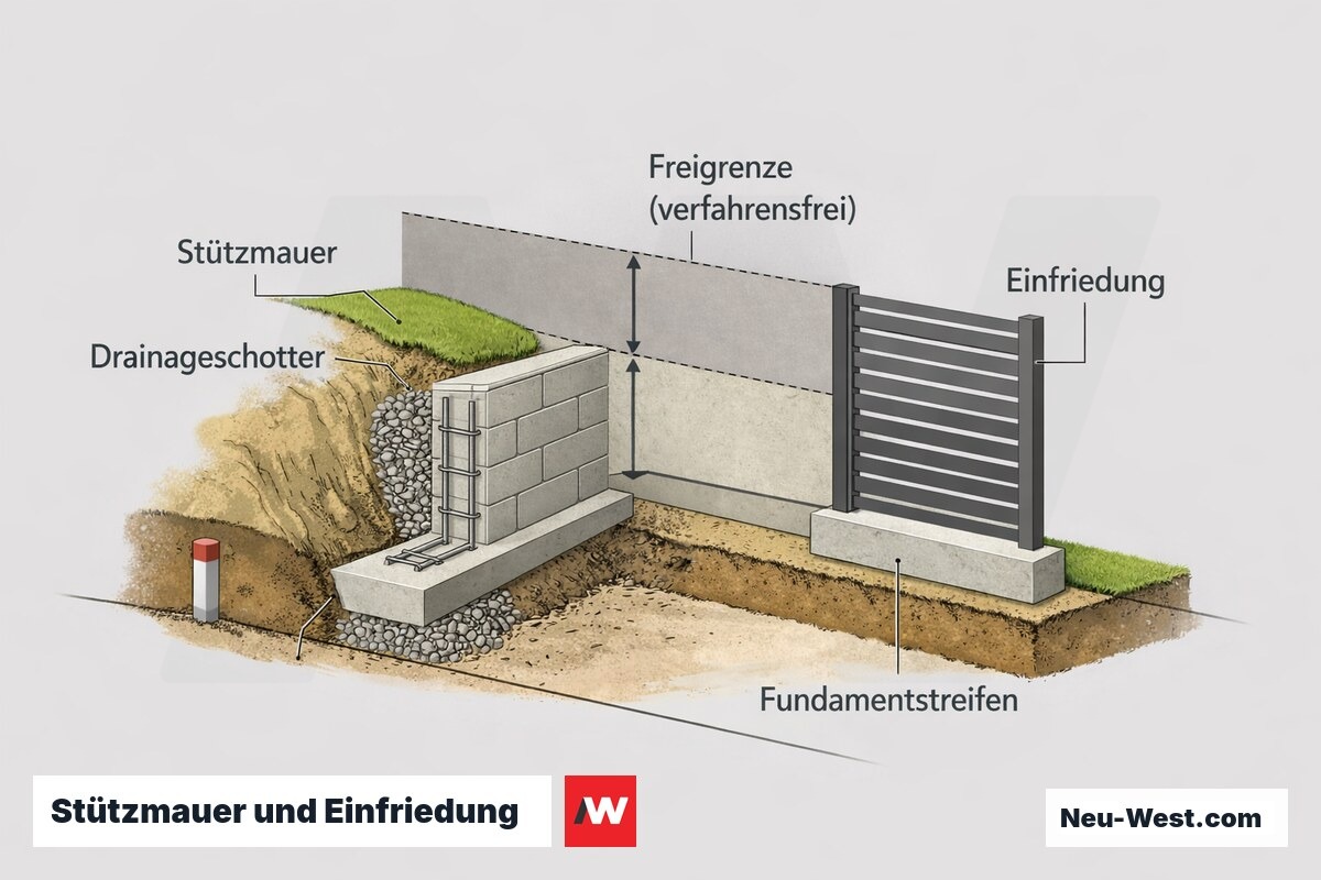 Querschnitt einer Stützmauer mit Höhen-Freigrenze und angrenzender Einfriedung auf Fundamentstreifen an einer Grundstücksgrenze.