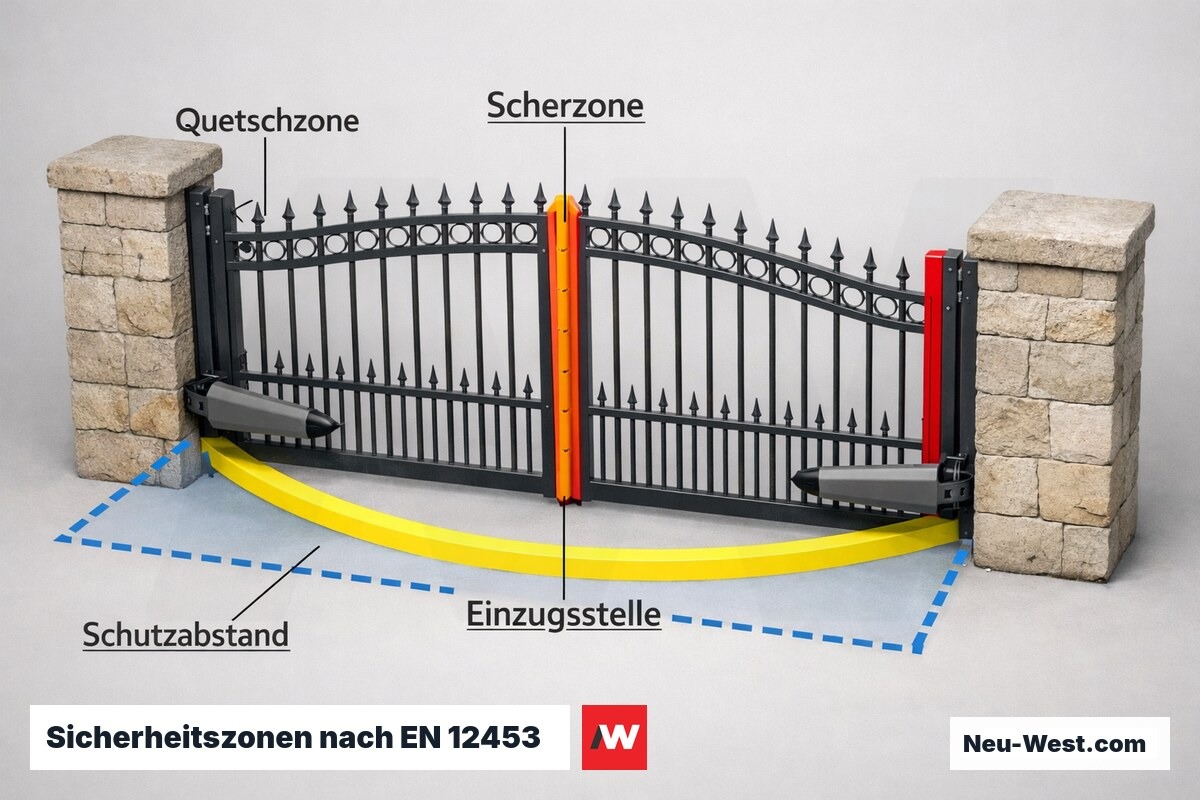 Sicherheitszonen nach EN 12453 am kraftbetätigten Tor – Erklär-Grafik (NEUWEST Berlin)