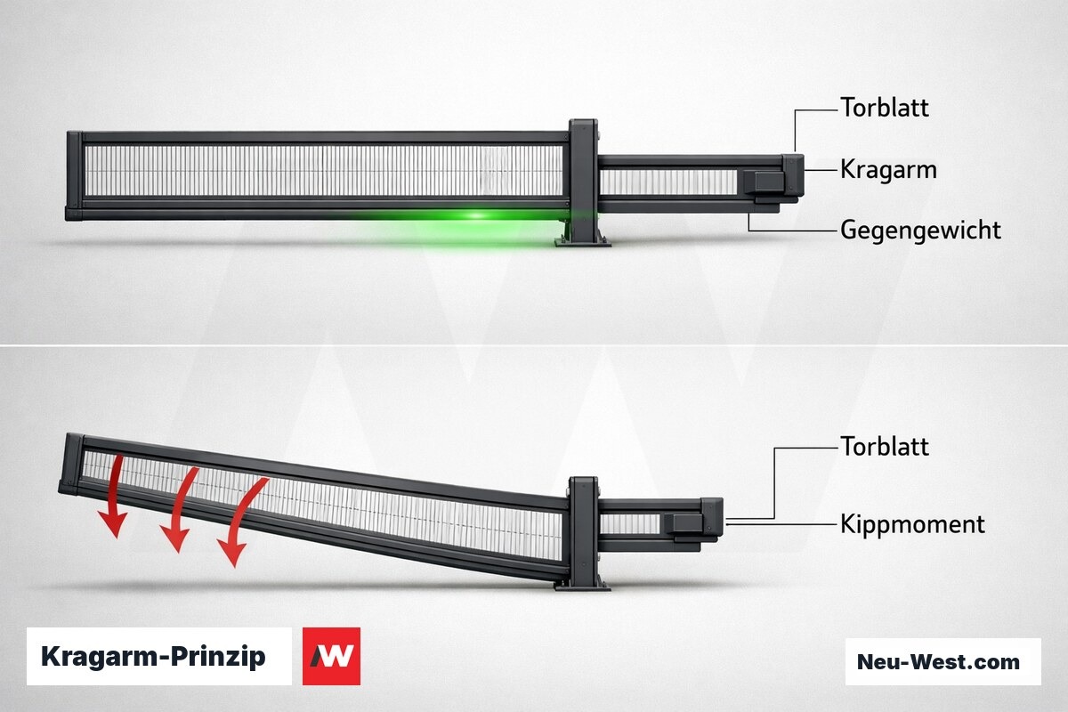 Kragarm-Prinzip: Kippmoment und Gegengewichtsbemessung – Erklär-Grafik (NEUWEST Berlin)