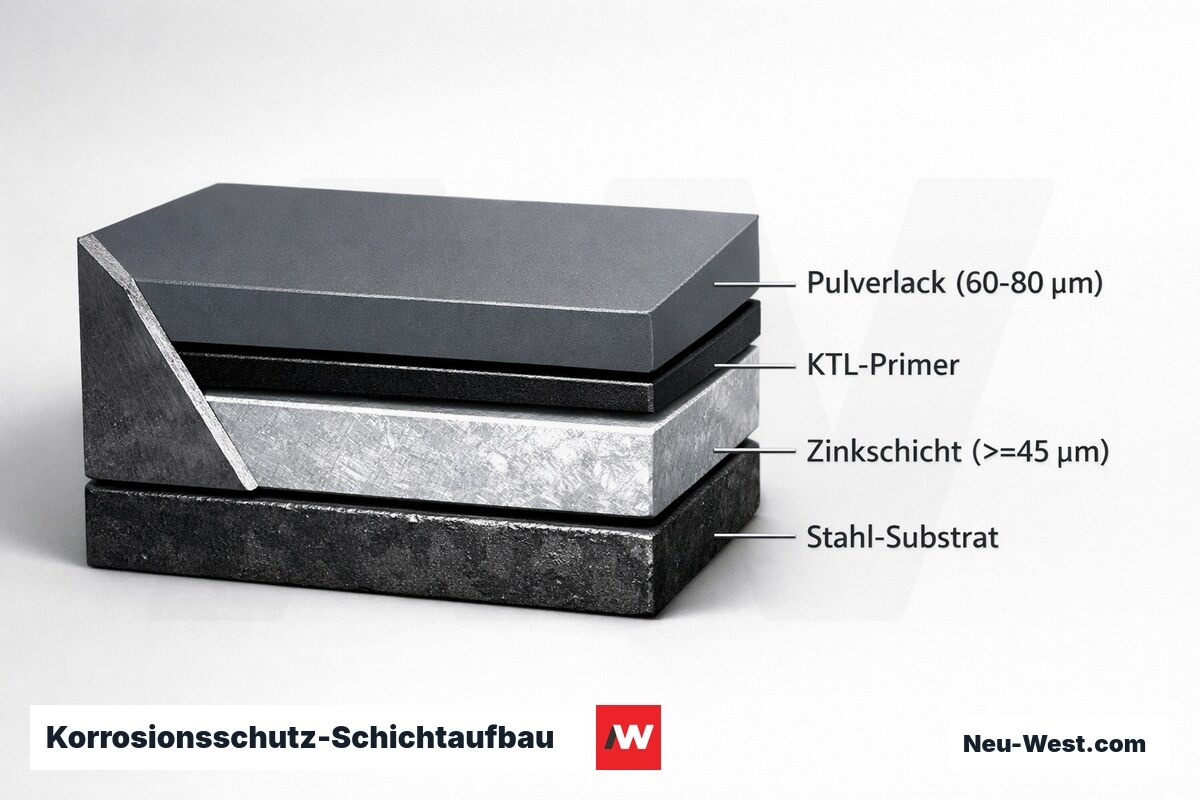 Korrosionsschutz-Schichtaufbau: Feuerverzinkung vs. KTL + Pulver – Erklär-Grafik (NEUWEST Berlin)