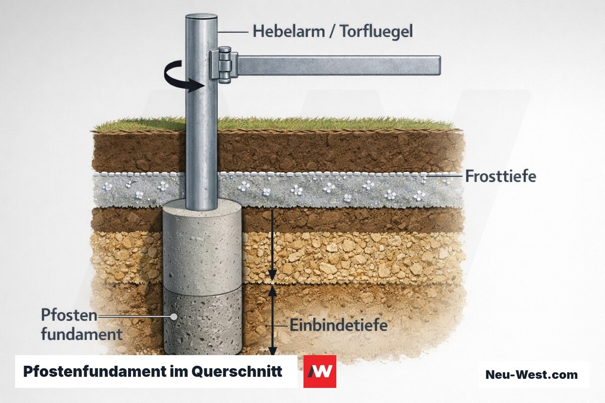 Querschnitt eines Torpfosten-Fundaments mit Hebelarm am Torband, Frosttiefe-Grenze, Einbindetiefe und Betonfundament in geschichtetem Boden.
