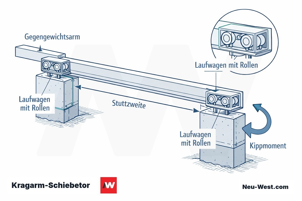 Technische Schnitt-Grafik eines Kragarm-Schiebetors mit zwei Laufwagen, Gegengewichtsarm, markierter Stützweite und Kippmoment-Pfeil.