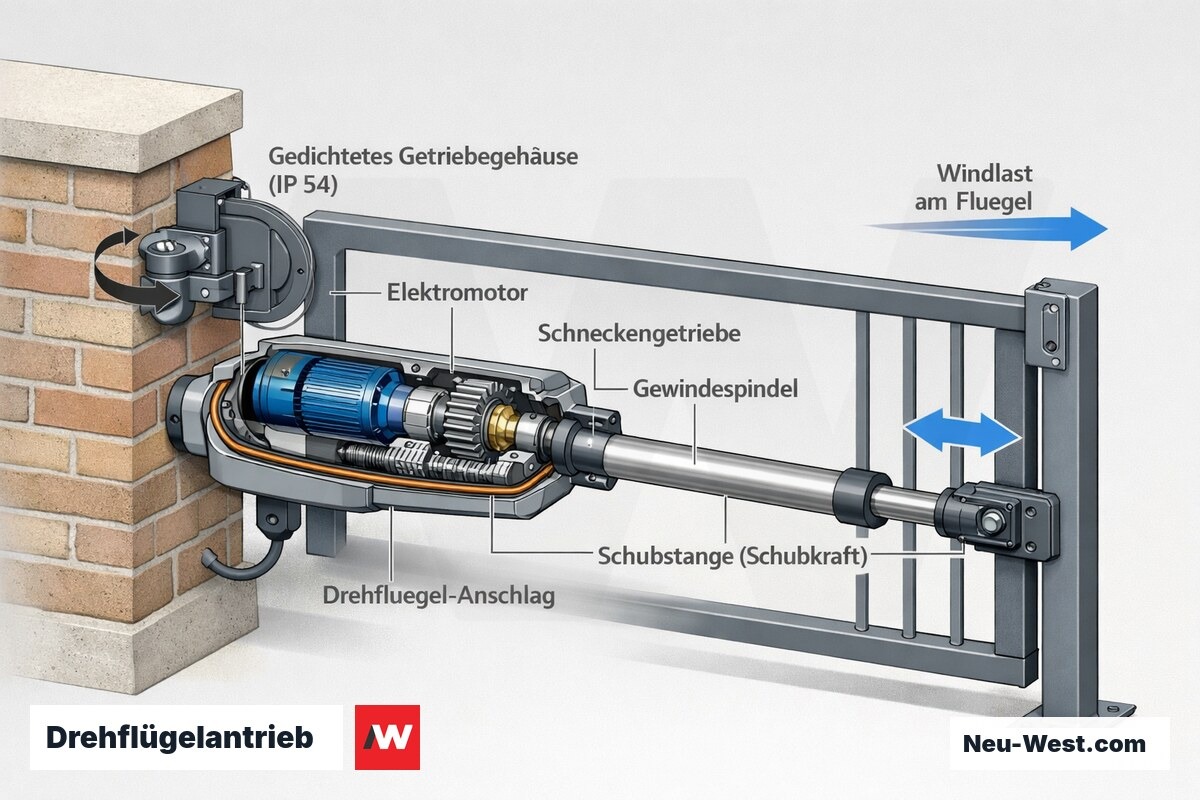 Cutaway-Detail eines Drehflügel-Torantriebs mit gedichtetem Getriebegehäuse, Schubstange, Scharnier und Windlast-Pfeil am Torflügel.