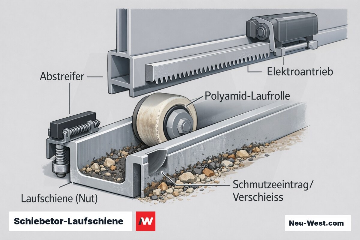 Querschnitt einer Schiebetor-Laufschiene mit Polyamid-Laufrolle, Abstreifer und Schmutzeintrag in der Schienennut als Verschleißursache.