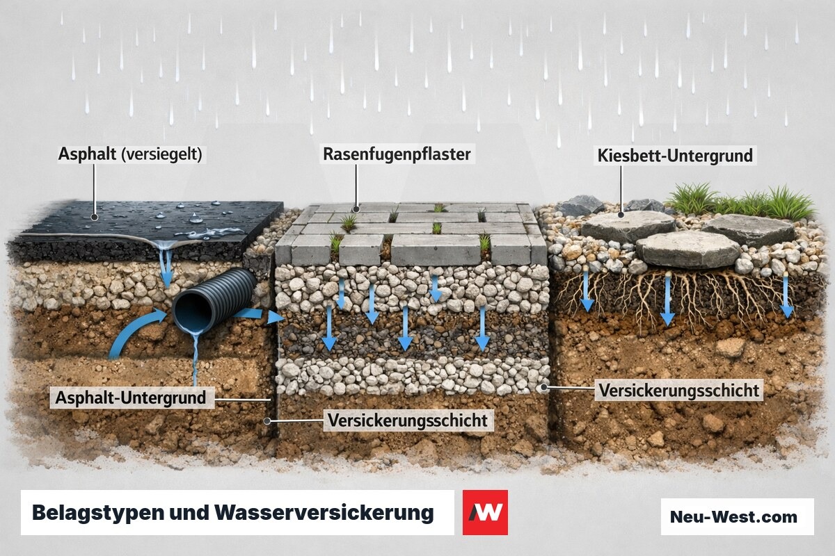 Querschnitt dreier Gartenweg-Beläge zeigt Wasserversickerung bei Asphalt, Pflaster und Kies im Vergleich.