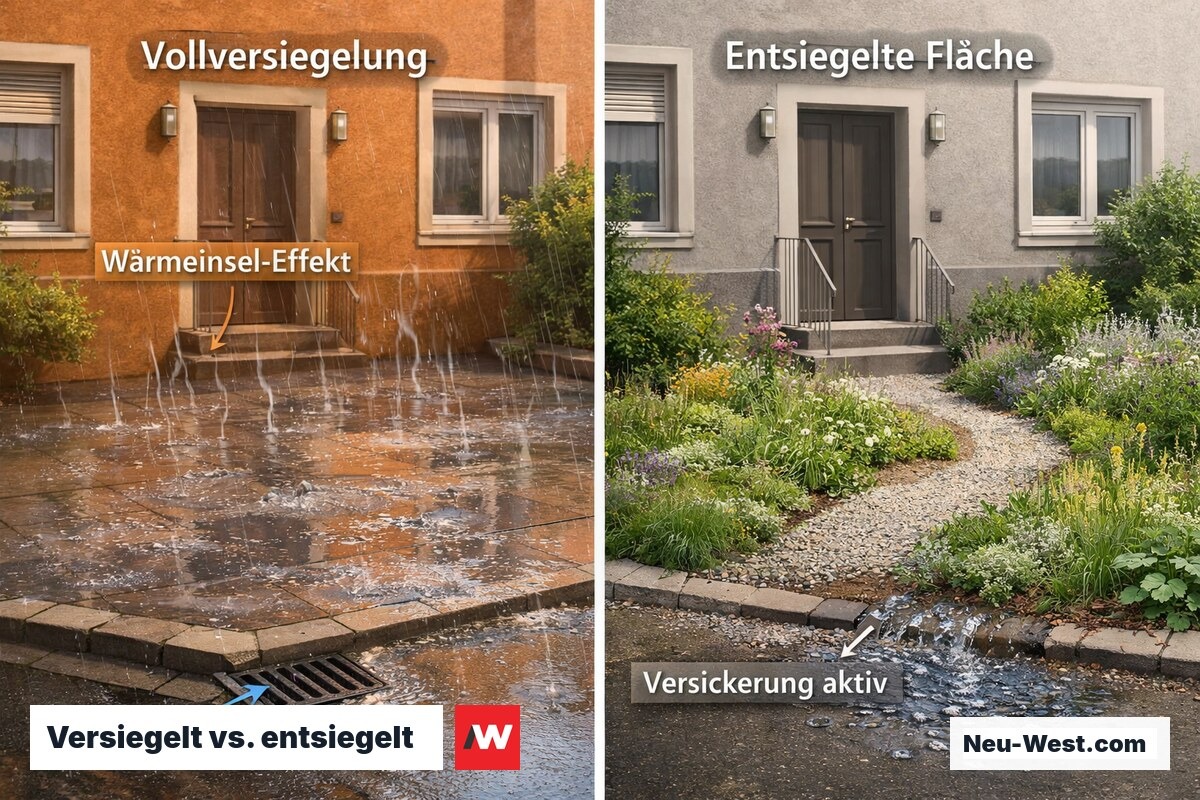Zwei Berliner Vorgärten im Vergleich zeigen Wärmestau und Überflutung bei Vollversiegelung versus kühle Versickerung bei Entsiegelung.