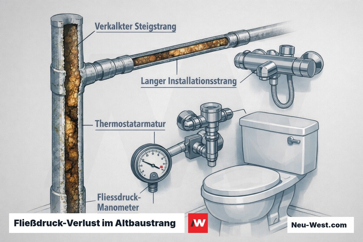 Querschnitt eines Altbau-Trinkwasserstrangs: verkalkte Steigleitung, langer Installationsstrang, Thermostatarmatur und Manometer mit zu niedrigem Fließdruck.