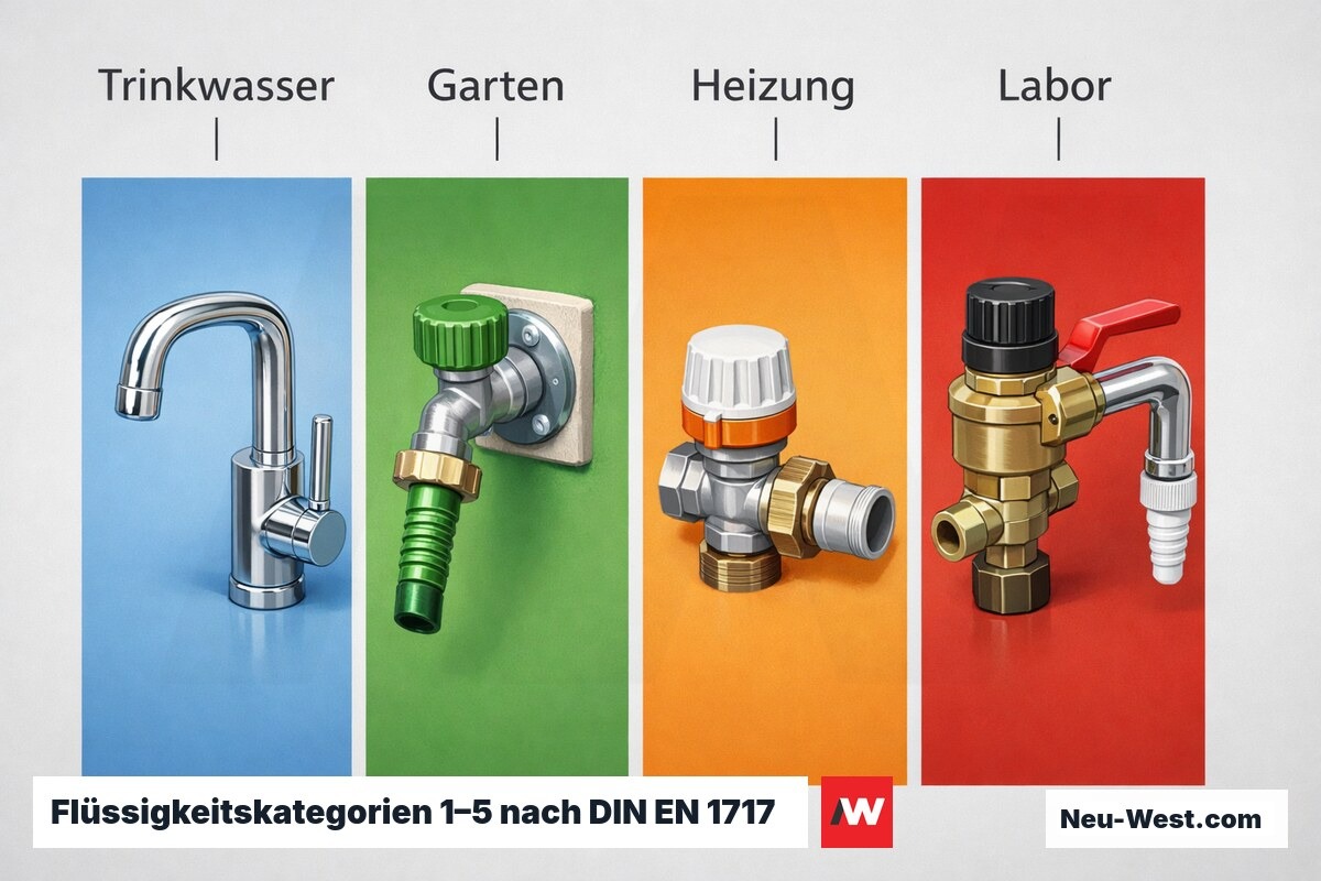 Flüssigkeitskategorien 1–5 nach DIN EN 1717 – Erklär-Grafik (NEUWEST Berlin)