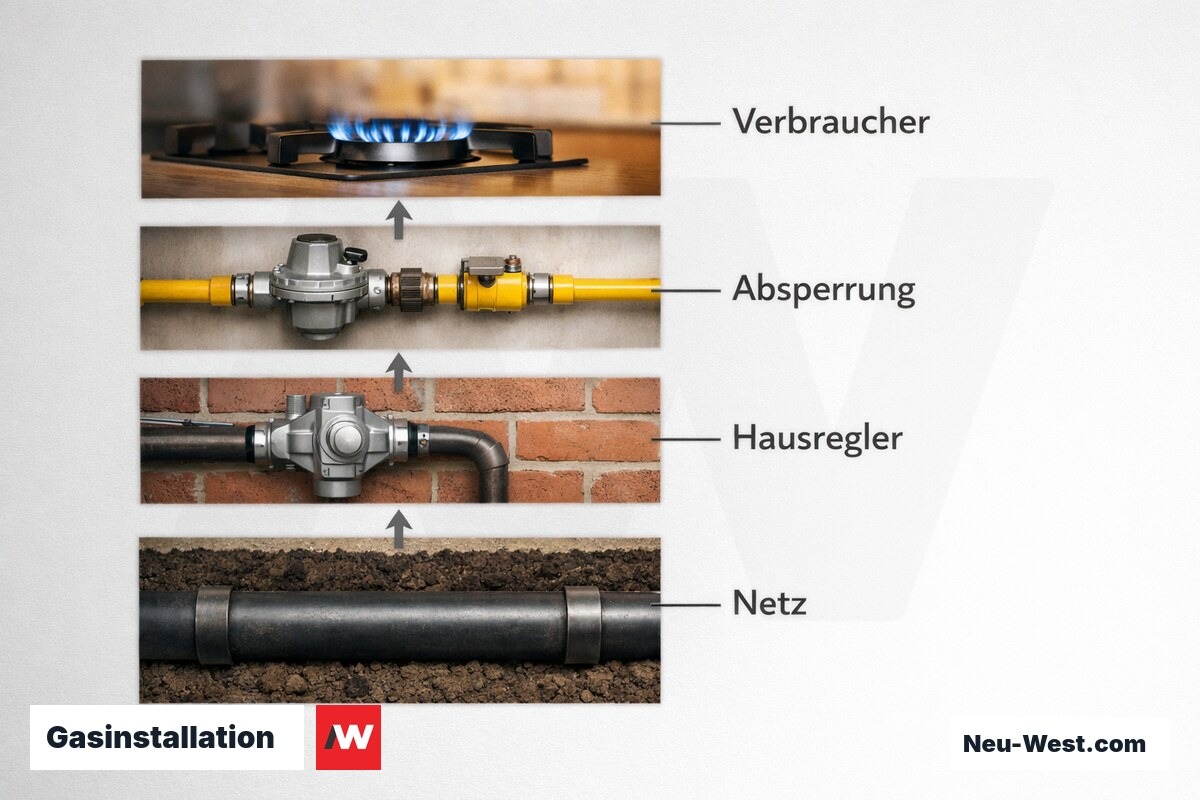 Gasinstallation: Druckschema nach TRGI G 600 – Erklär-Grafik (NEUWEST Berlin)
