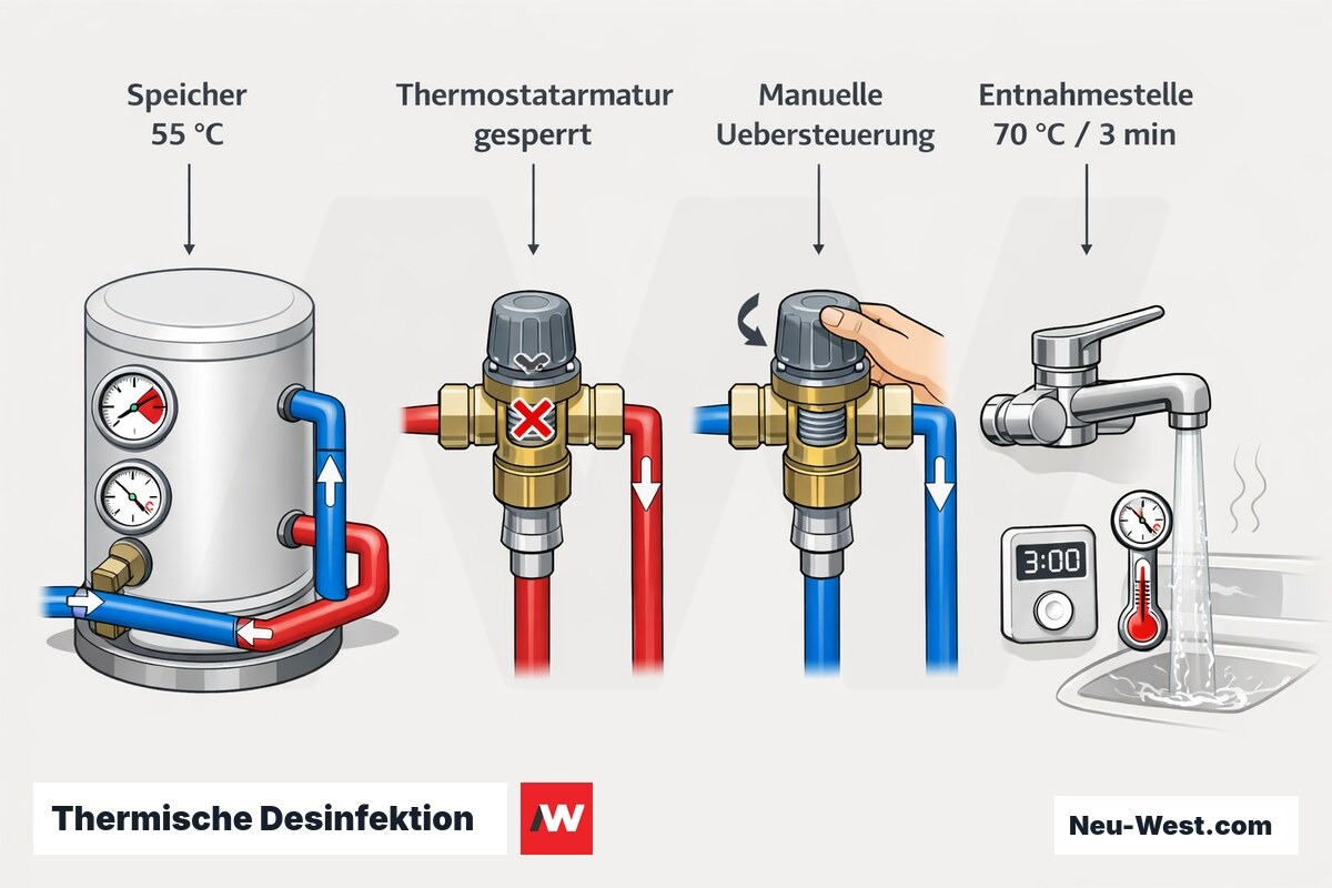Prozessgrafik der thermischen Desinfektion: Speicher, gesperrte Thermostatarmatur, manuelle Übersteuerung und Entnahmestelle bei 70 °C über 3 Minuten.