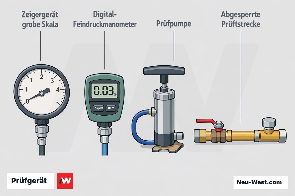 Vergleich analoges Zeigergerät mit grober Skala und digitales Feindruckmanometer an einer abgesperrten Gas-Prüfstrecke mit Prüfpumpe.