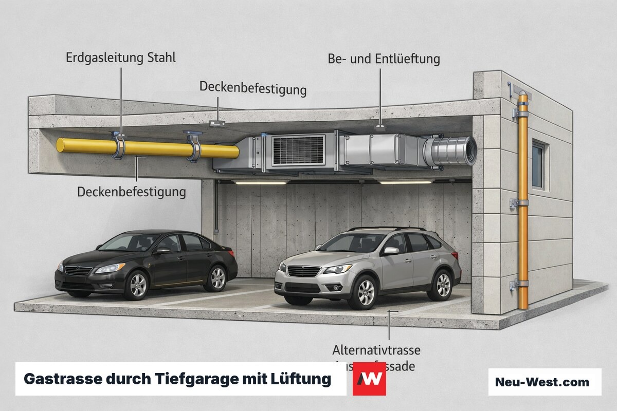 Querschnitt einer Tiefgarage mit deckengeführter Erdgasleitung, Be- und Entlüftung sowie Alternativtrasse über die Außenfassade.