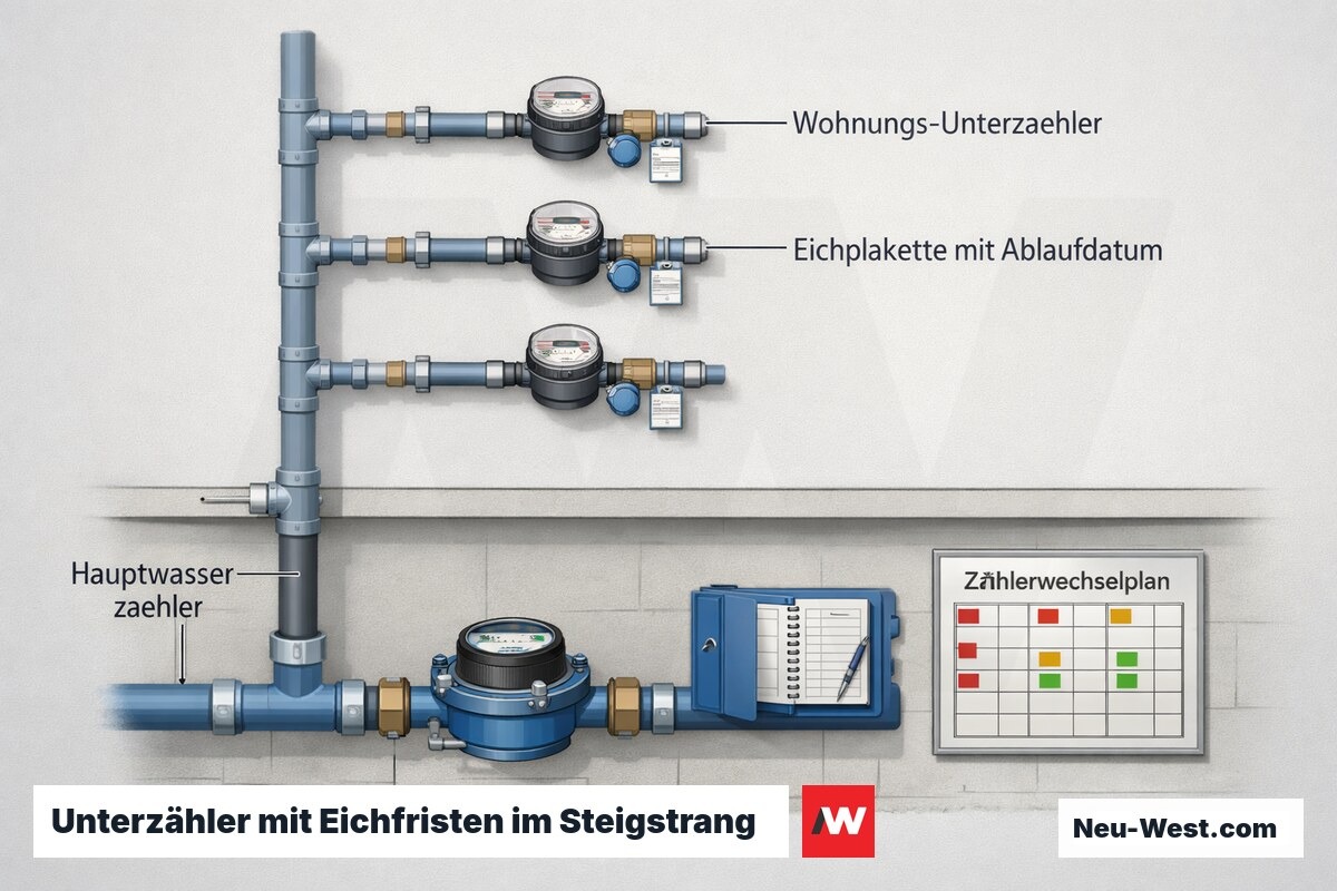 Gebäude-Querschnitt: Wasser-Steigstrang mit Wohnungs-Unterzählern, Eichplaketten, Hauptzähler und Zählerwechselplan.