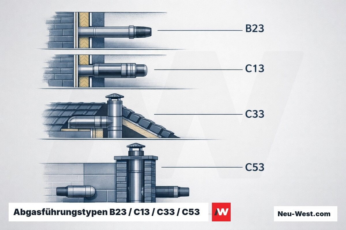 Abgasführungstypen B23 / C13 / C33 / C53 nach EN 15502-1 – Erklär-Grafik (NEUWEST Berlin)