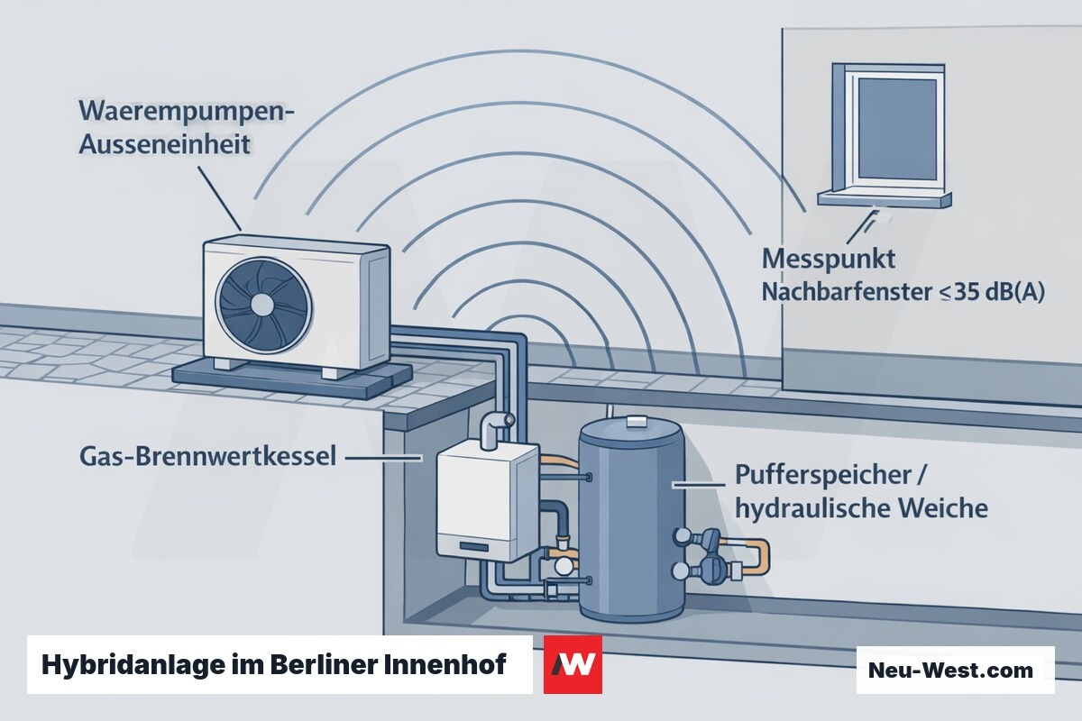 Querschnitt Berliner Innenhof mit Wärmepumpen-Außeneinheit, Gas-Brennwertkessel, Pufferspeicher und Schallausbreitung zum Nachbarfenster mit TA-Lärm-Messpunkt.