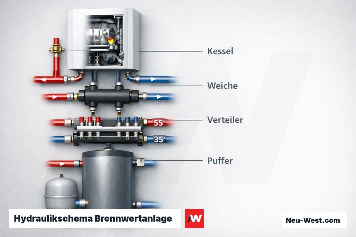 Hydraulikschema Brennwertanlage: Weiche, Verteiler und Pufferspeicher – Erklär-Grafik (NEUWEST Berlin)