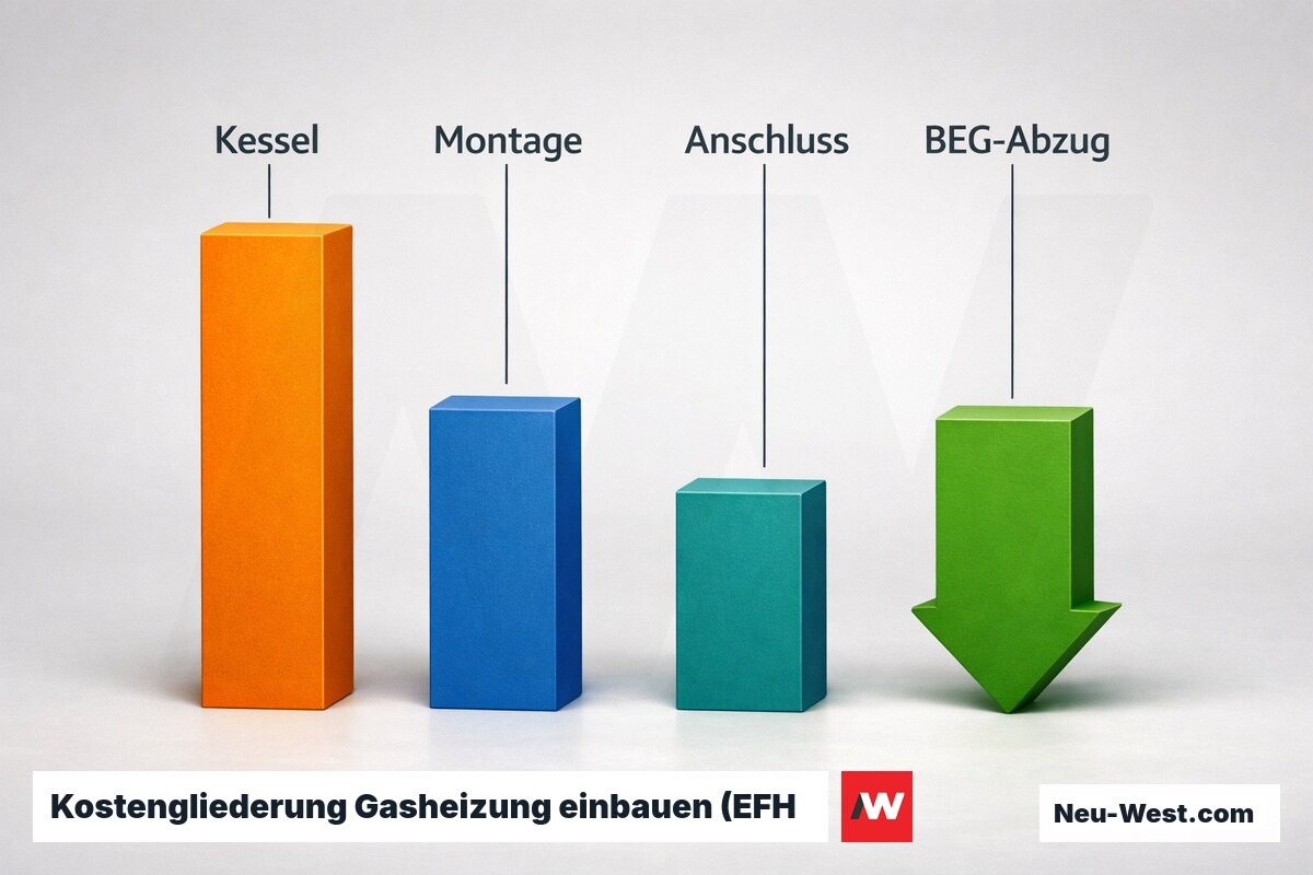 Kostengliederung Gasheizung einbauen (EFH Berlin, typische Bandbreiten) – Erklär-Grafik (NEUWEST Berlin)