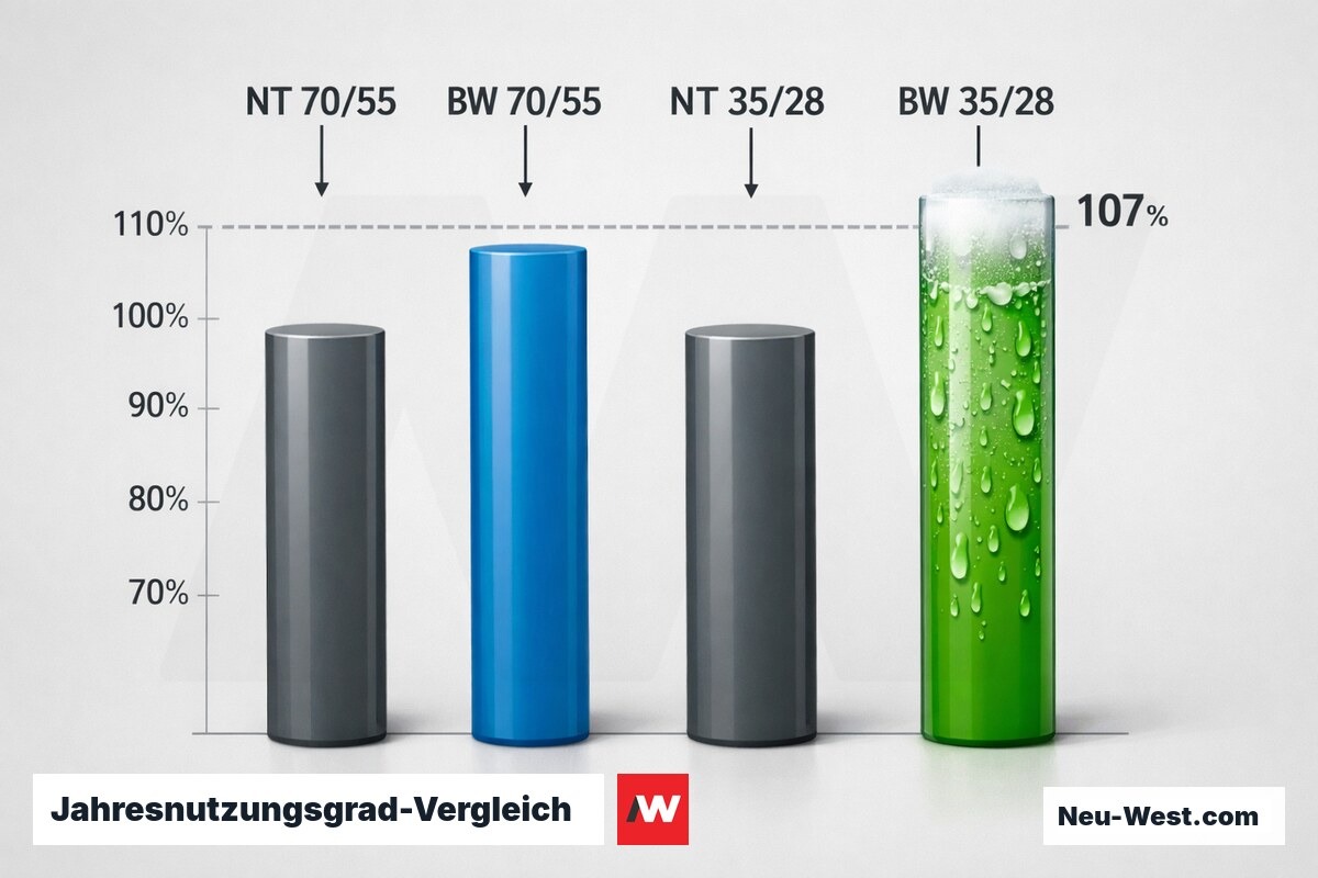 Jahresnutzungsgrad-Vergleich: NT-Kessel vs. Brennwertgerät bei 70/55 °C und 35/28 °C – Erklär-Grafik (NEUWEST Berlin)