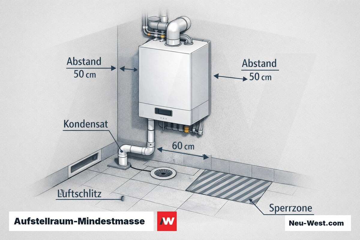 Aufstellraum-Mindestmasse: Wartungsabstände, Kondensat und Luftquerschnitt – Erklär-Grafik (NEUWEST Berlin)