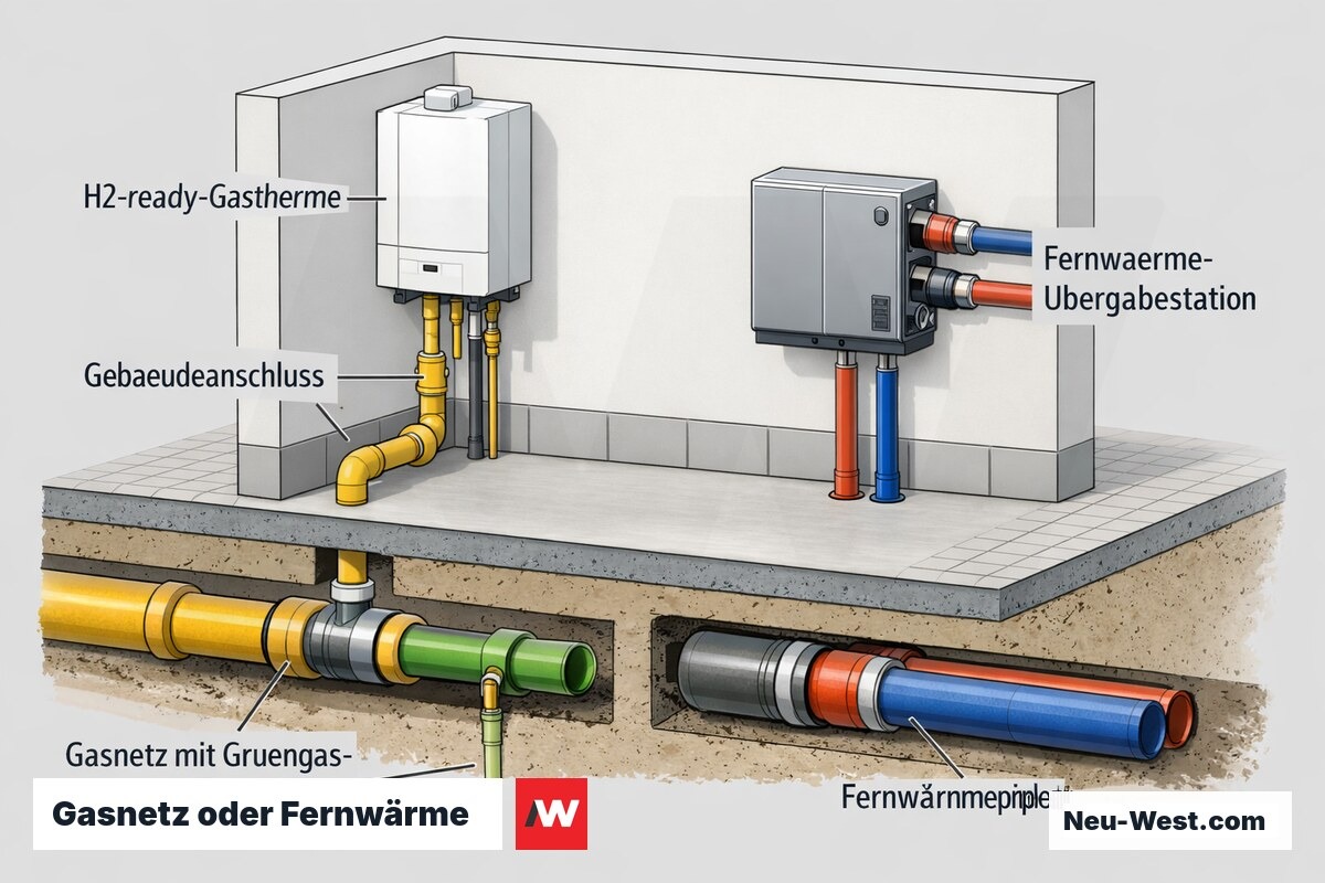 Querschnitt eines Hausanschlussraums mit H2-ready-Gastherme am Gasnetz mit Grüngas-Einspeisung und alternativer Fernwärme-Übergabestation.