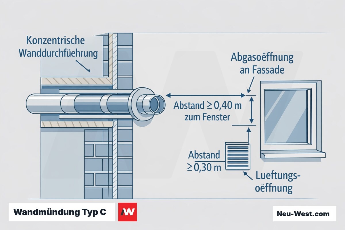 Fassaden-Querschnitt einer konzentrischen LAS-Wanddurchführung Typ C mit Abgasöffnung und Mindestabständen zu Fenster und Lüftungsöffnung nach DIN 18160-5.