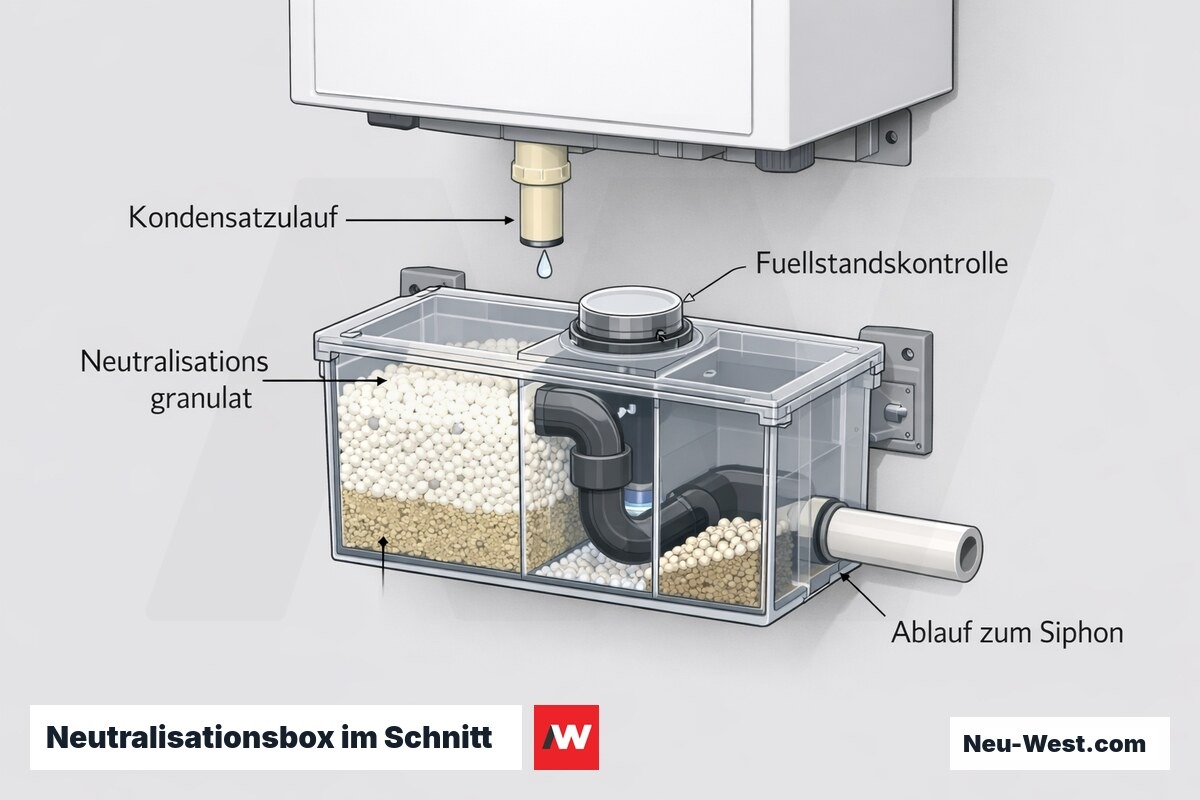 Schnittdarstellung einer Kondensat-Neutralisationsbox unter der Gastherme mit Granulatfüllung, Zulauf, Füllstand und Ablauf zum Siphon.