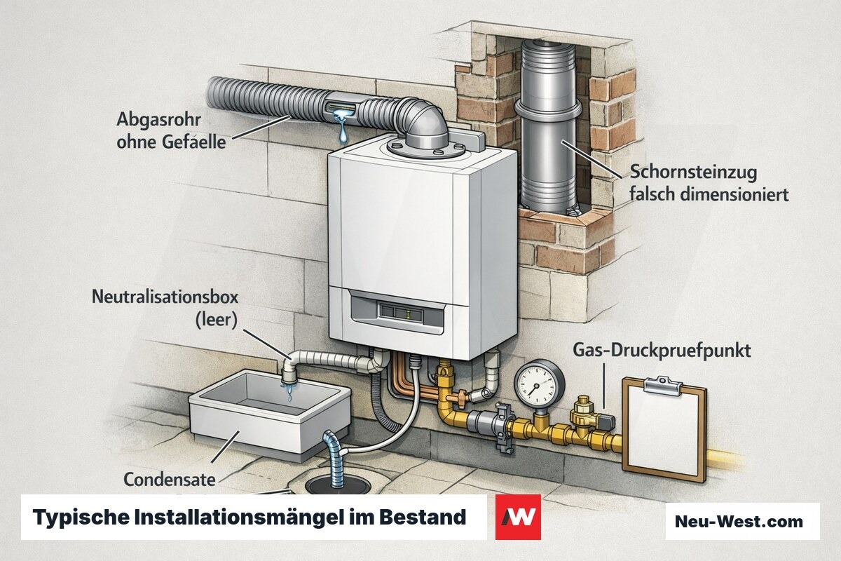 Technischer Querschnitt eines Brennwertgeräts mit vier markierten Installationsmängeln: leere Neutralisationsbox, Abgasrohr ohne Gefälle, falscher Schornsteinzug und Gas-Druckprüfpunkt.