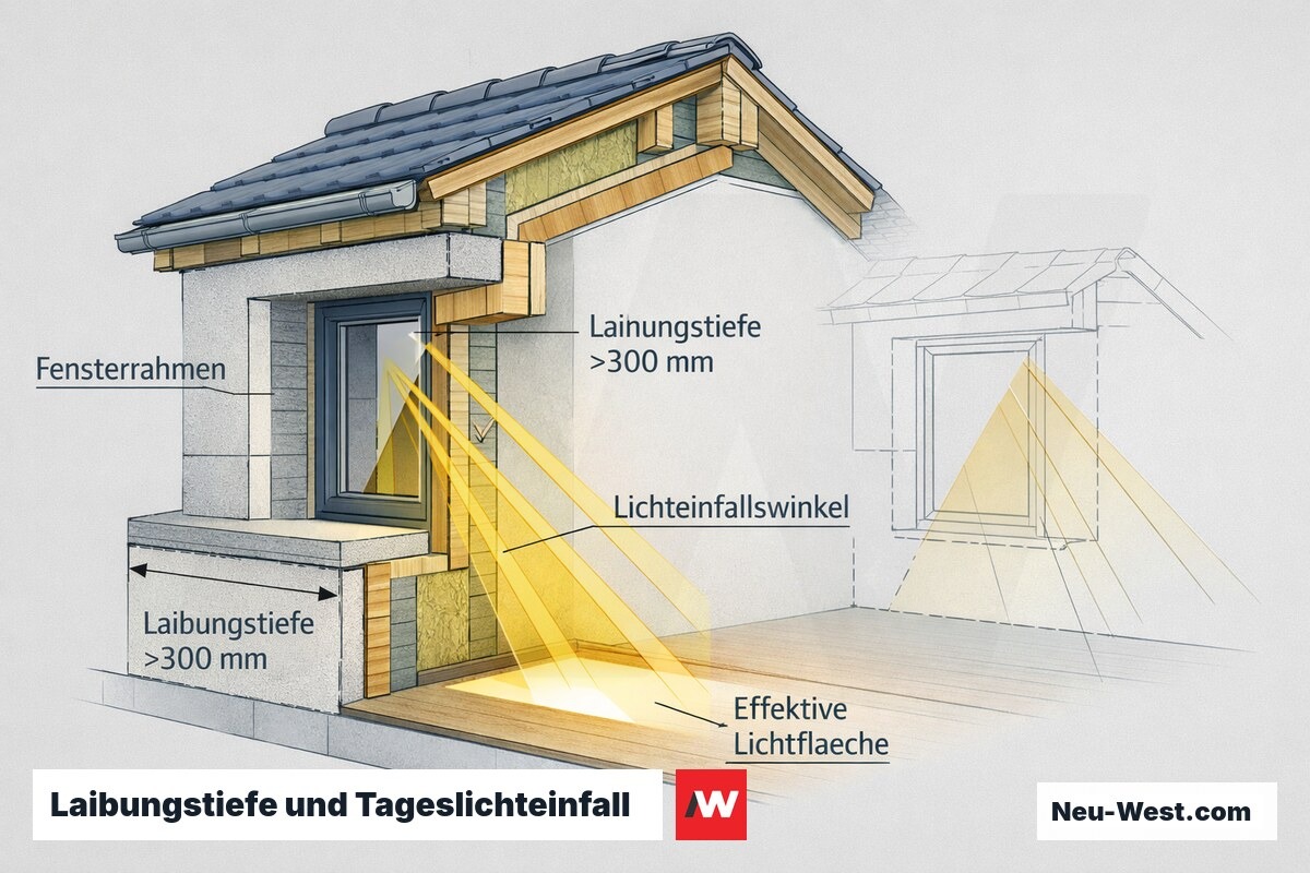 Querschnitt einer Gaube: tief eingebautes Fenster mit Laibungstiefe über 300 mm reduziert den Lichteinfallswinkel und die effektive Tageslichtfläche im Raum.