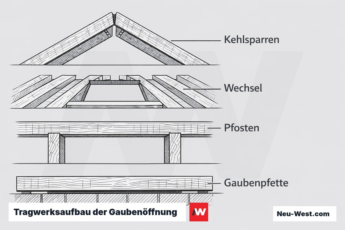 Tragwerksaufbau der Gaubenöffnung im Dachstuhl – Erklär-Grafik (NEUWEST Berlin)